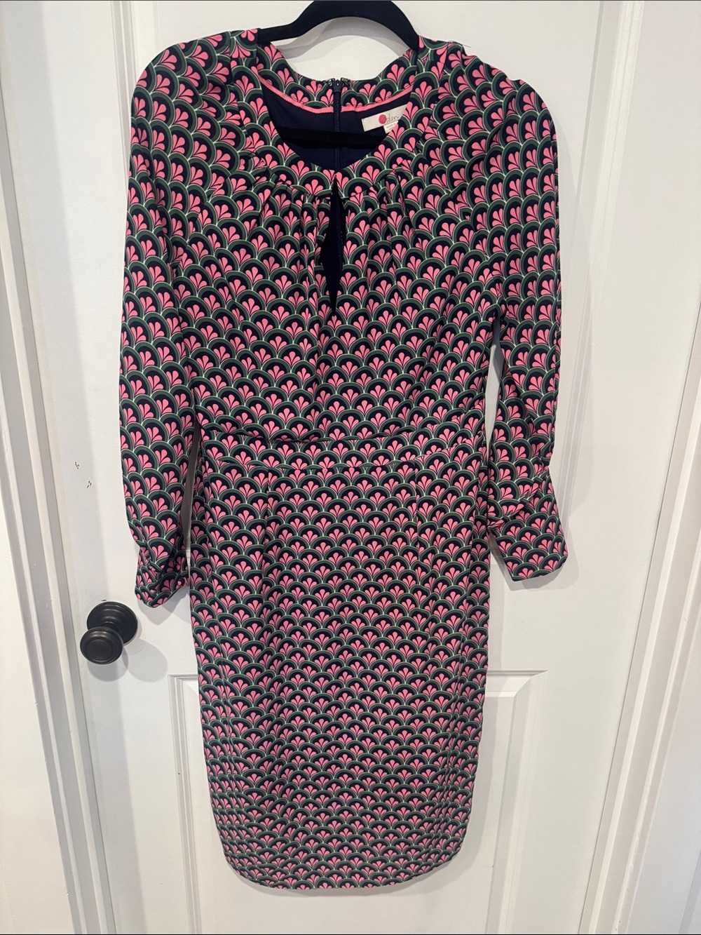 Boden Pink and Navy Geometric Long-Sleeve Shift Dress
